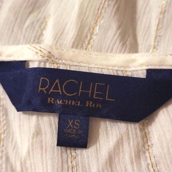 RACHEL Rachel Roy June Striped Top White & Gold V-neck Tie Front Ruffled XS New - Picture 2 of 8